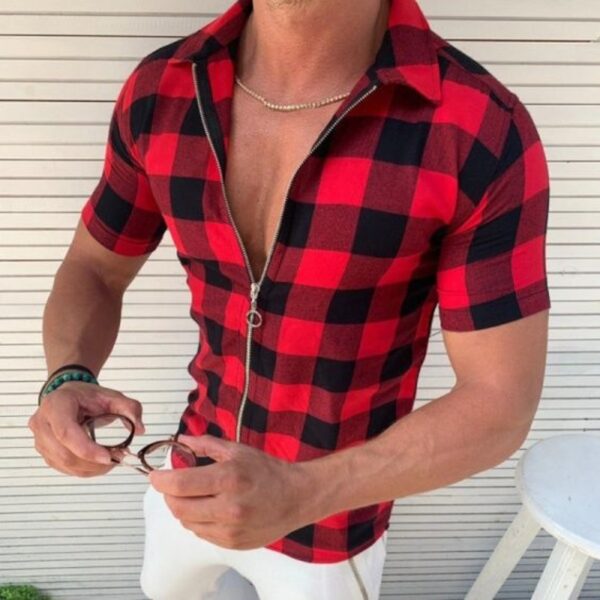 Plaid T Shirt Mens Zipper Short Sleeve Shirts Summer Men Clothing - Image 6