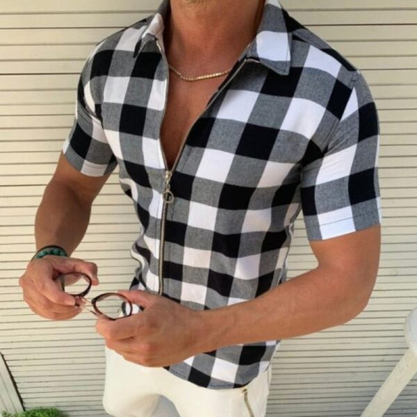Plaid T Shirt Mens Zipper Short Sleeve Shirts Summer Men Clothing - Image 4